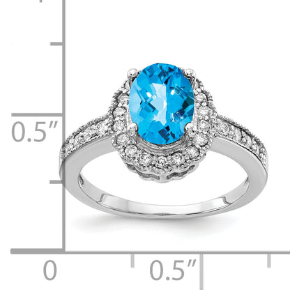 14k White Gold 8x6mm Oval Blue Topaz Checker VS Diamond ring