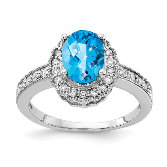 14k White Gold 8x6mm Oval Blue Topaz Checker A Real Diamond ring