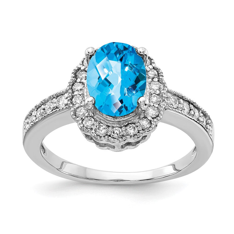 14k White Gold 8x6mm Oval Blue Topaz Checker A Real Diamond ring