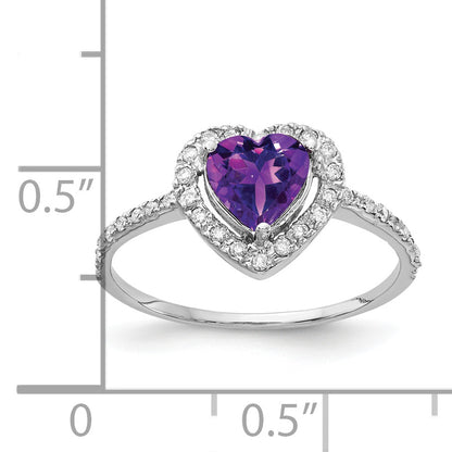 14K White Gold 6mm Heart Amethyst Aa Diamond Ring