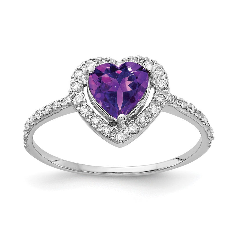 14K White Gold 6mm Heart Amethyst Aa Diamond Ring