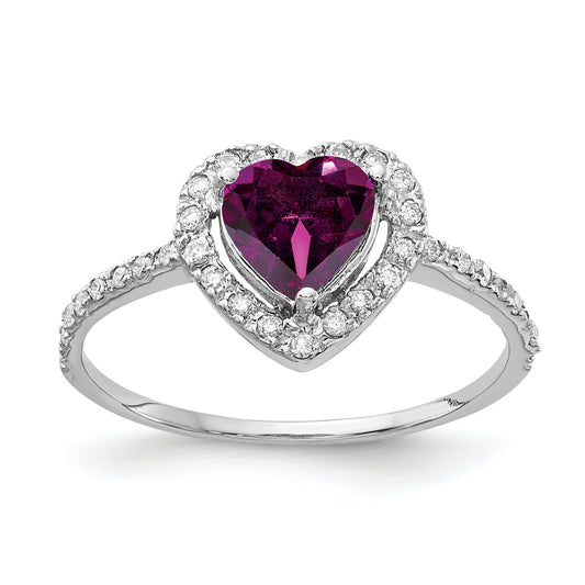 14k White Gold 6mm Heart Rhodolite Garnet AAA Diamond ring