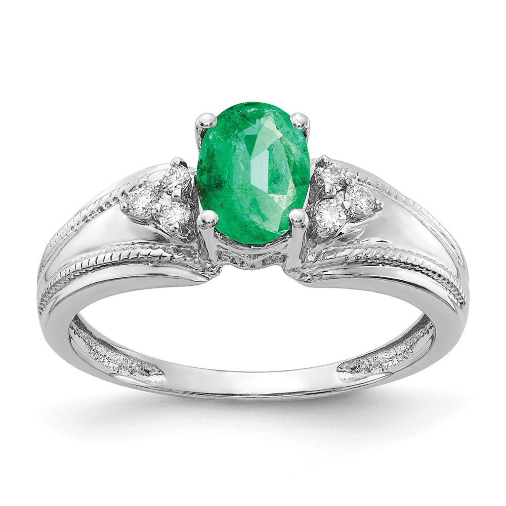 14k White Gold 7x5mm Oval Emerald AA Diamond ring