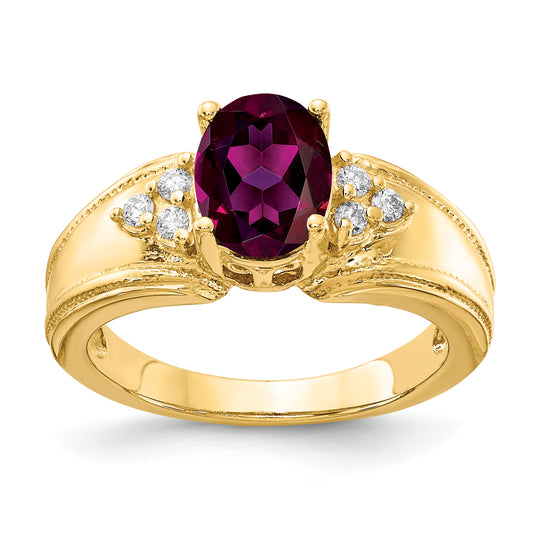14k Yellow Gold 8x6mm Oval Rhodolite Garnet AA Diamond ring