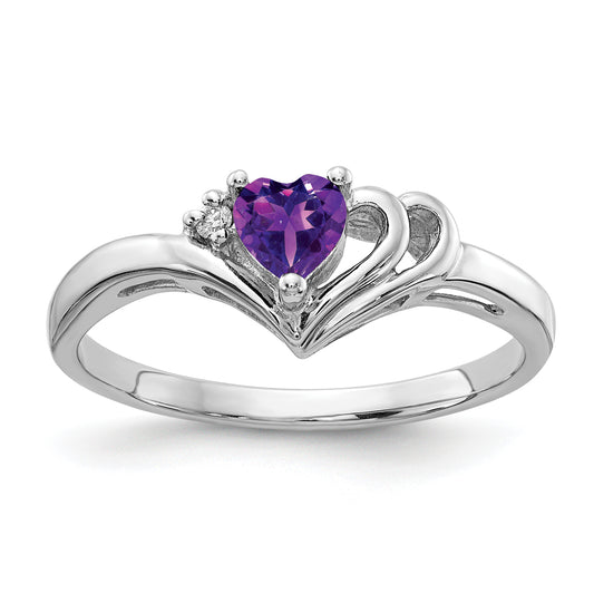 14K White Gold 4mm Heart Amethyst A Diamond Ring