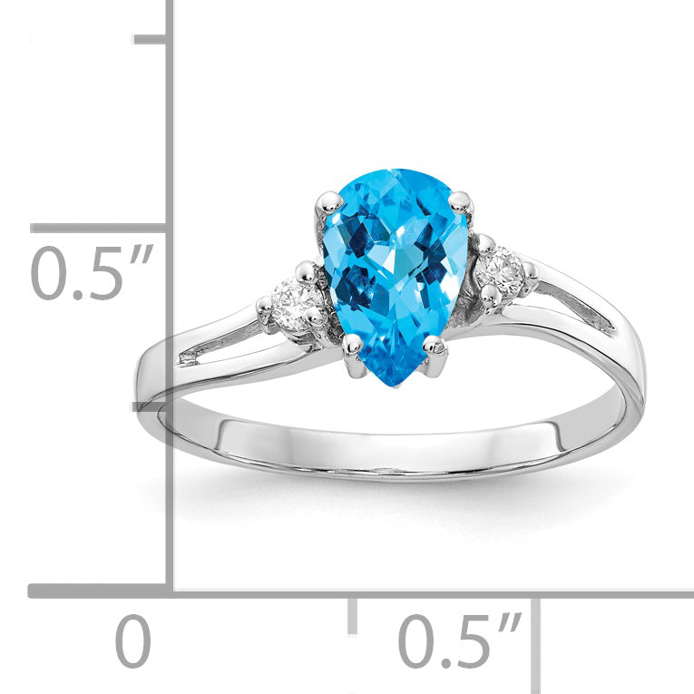 14k White Gold 7x5mm Pear Blue Topaz Checker AAA Diamond ring
