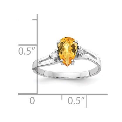 14k White Gold 7x5mm Pear Citrine Checker VS Diamond ring
