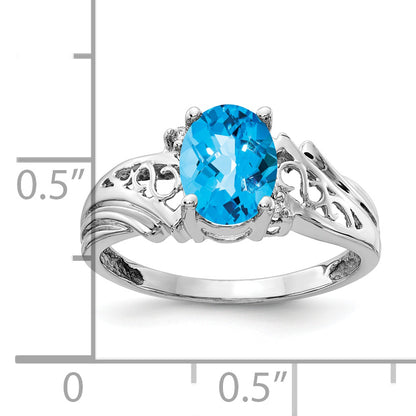 14k White Gold 8x6mm Oval Blue Topaz Checker AA Diamond ring