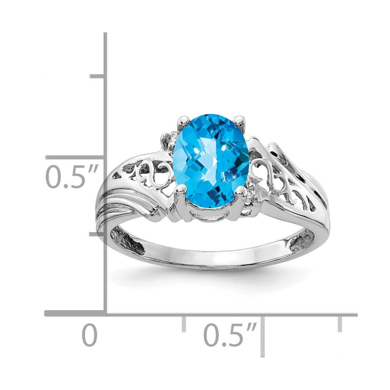 14k White Gold 8x6mm Oval Blue Topaz Checker AA Diamond ring