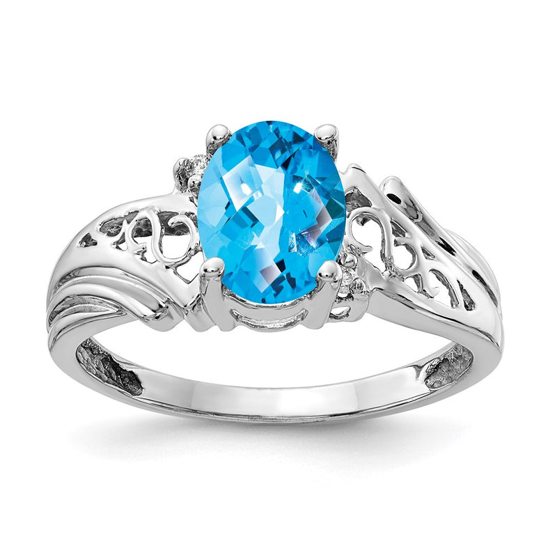 14k White Gold 8x6mm Oval Blue Topaz Checker AAA Diamond ring