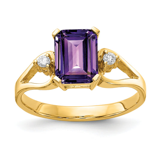 14k Yellow Gold 8x6mm Emerald Cut Amethyst AA Diamond ring