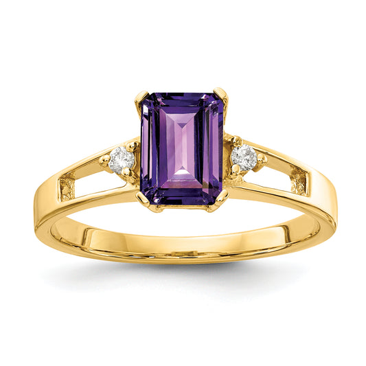 14k Yellow Gold 7x5mm Emerald Cut Amethyst AA Diamond ring