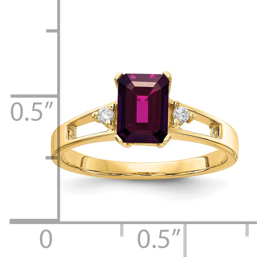 14k Yellow Gold 7x5mm Emerald Cut Rhodolite Garnet A Diamond ring