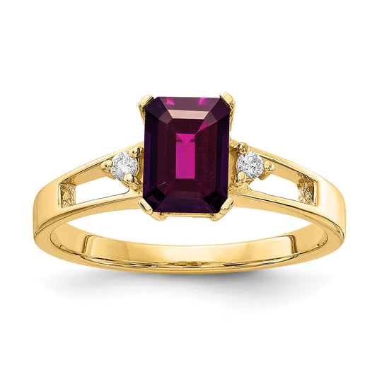 14k Yellow Gold 7x5mm Emerald Cut Rhodolite Garnet AA Diamond ring