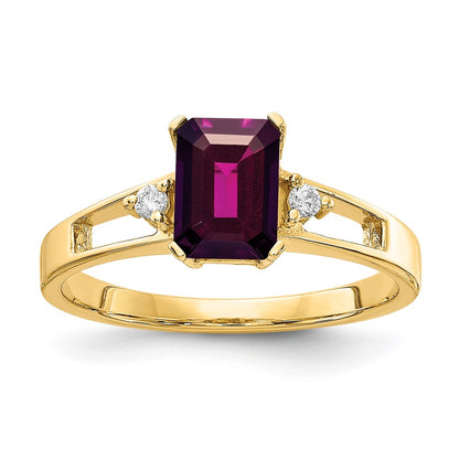 14k Yellow Gold 7x5mm Emerald Cut Rhodolite Garnet A Diamond ring