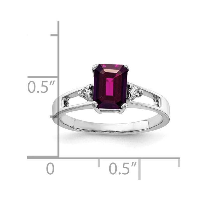 14k White Gold 7x5mm Emerald Cut Rhodolite Garnet AA Diamond ring