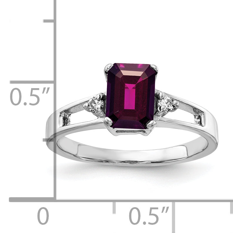 14k White Gold 7x5mm Emerald Cut Rhodolite Garnet AAA Diamond ring