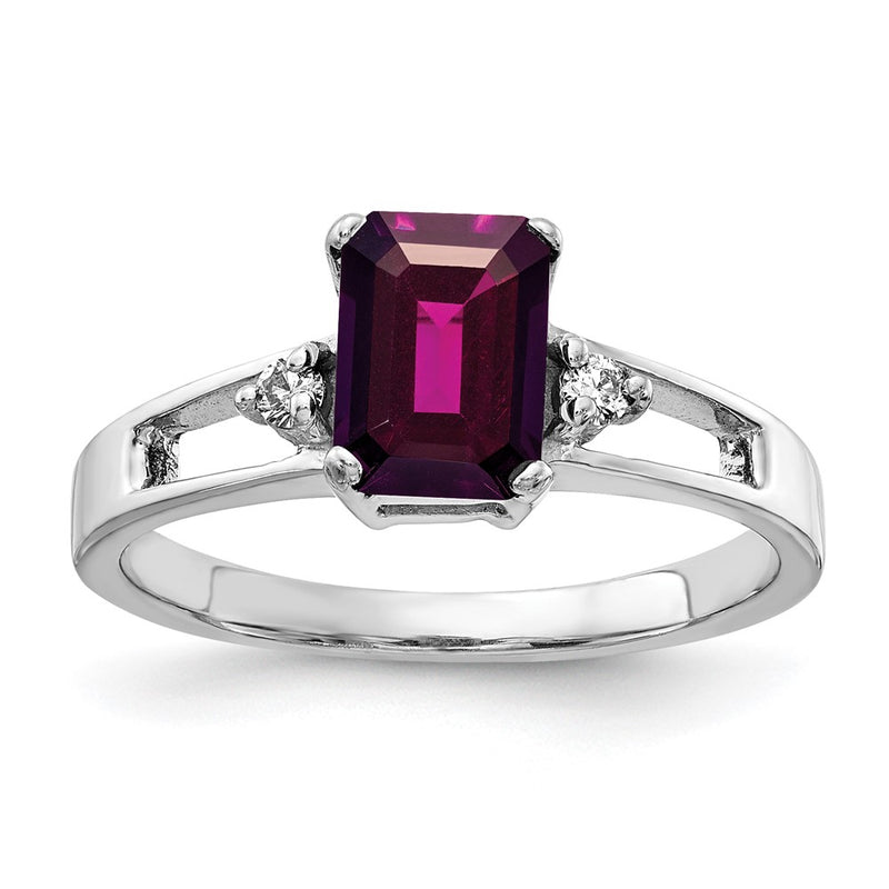 14k White Gold 7x5mm Emerald Cut Rhodolite Garnet VS Diamond ring