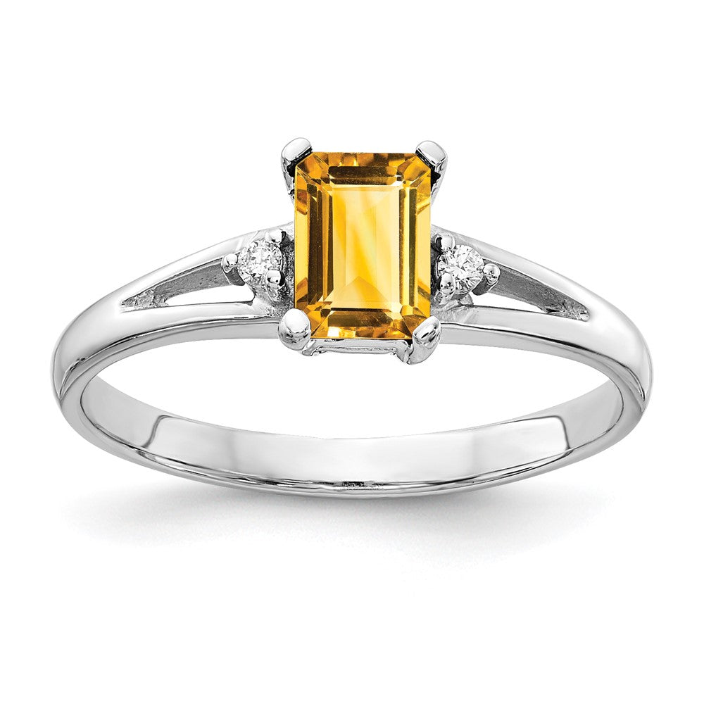 14k White Gold 6x4mm Emerald Cut Citrine AA Diamond ring