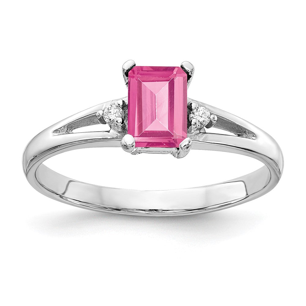 14k White Gold 6x4mm Emerald Cut Pink Tourmaline A Diamond ring