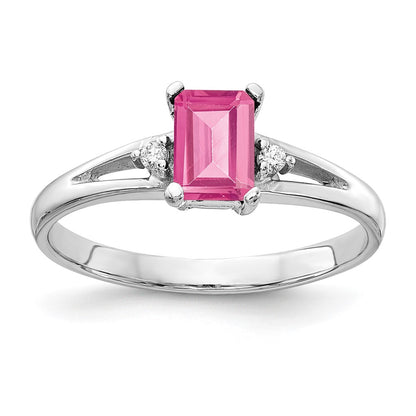 14k White Gold 6x4mm Emerald Cut Pink Tourmaline A Diamond ring