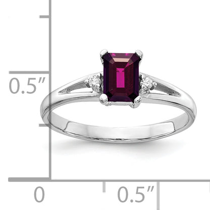 14k White Gold 6x4mm Emerald Cut Rhodolite Garnet AA Diamond ring