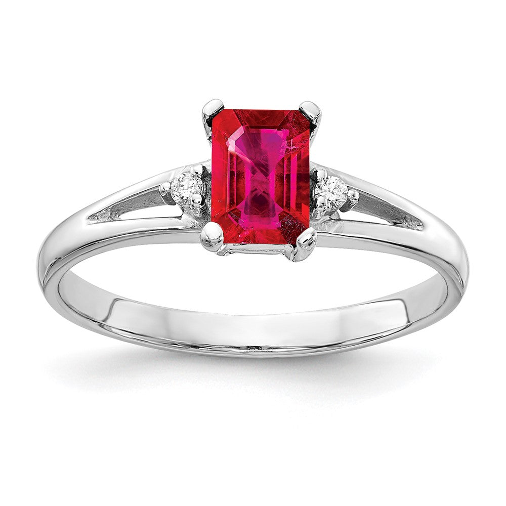14k White Gold 6x4mm Emerald Cut Ruby AA Diamond ring