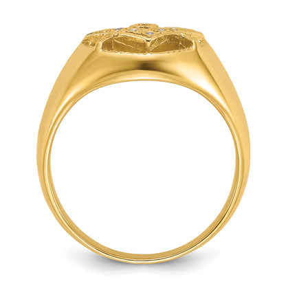 14K Yellow Gold Men'S Polished And Textured Aaa Quality Diamond Masonic Ring