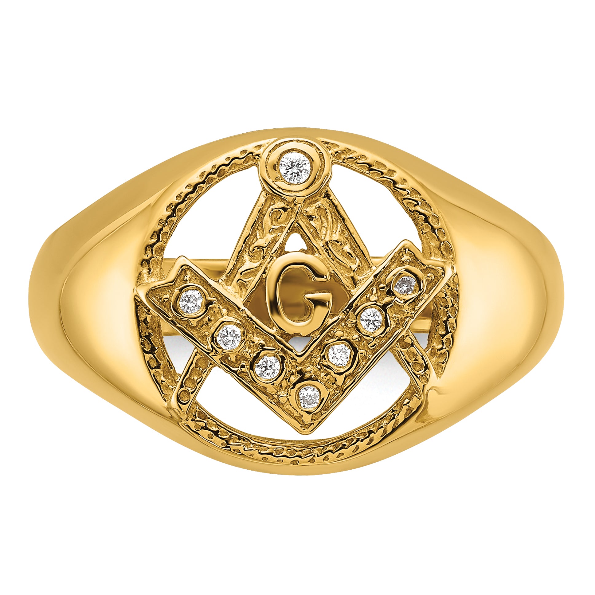 14K Yellow Gold Men'S Polished And Textured Aa Quality Diamond Masonic Ring