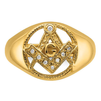 14K Yellow Gold Men'S Polished And Textured Aaa Quality Diamond Masonic Ring
