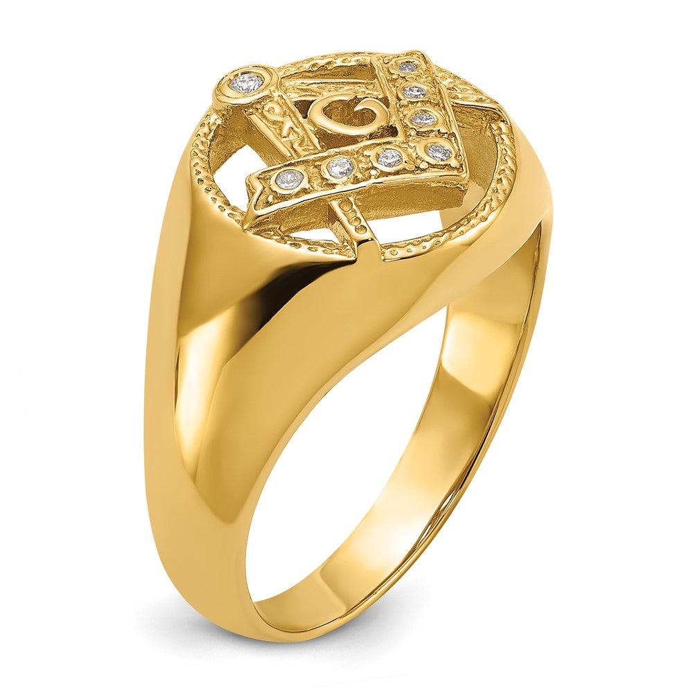 14K Yellow Gold Men'S Polished And Textured Aa Quality Diamond Masonic Ring