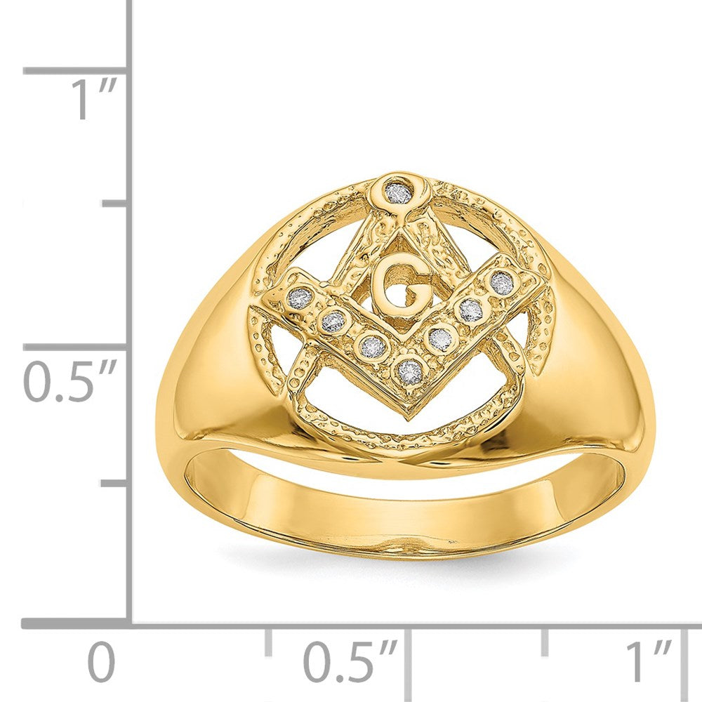 14K Yellow Gold Men'S Polished And Textured Aa Quality Diamond Masonic Ring