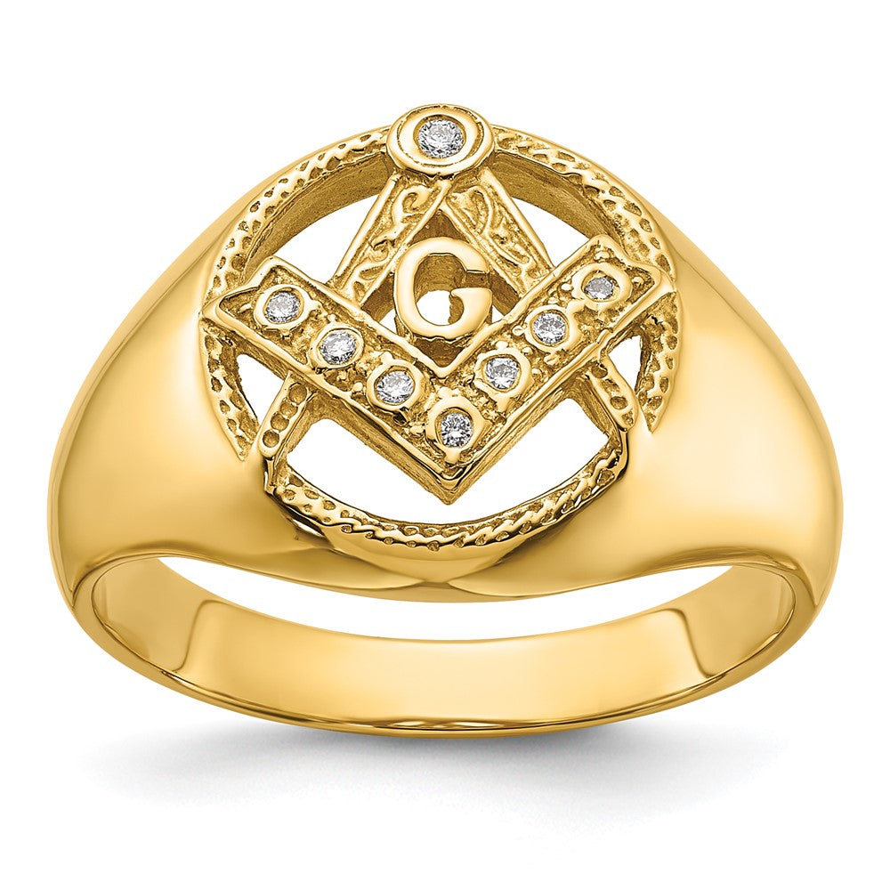 14K Yellow Gold Men'S Polished And Textured Aa Quality Diamond Masonic Ring