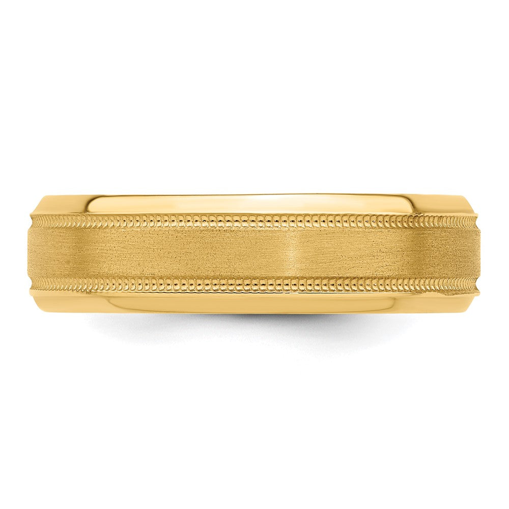 14K Yellow Gold 6mm Lightweight Comfort Fit Brushed Satin/Polished Milgrain Grooved Edge Wedding Band