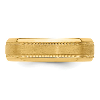 14K Yellow Gold 6mm Lightweight Comfort Fit Brushed Satin/Polished Milgrain Grooved Edge Wedding Band