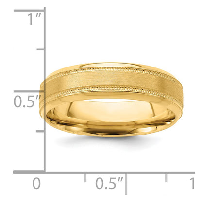 14K Yellow Gold 6mm Lightweight Comfort Fit Brushed Satin/Polished Milgrain Grooved Edge Wedding Band