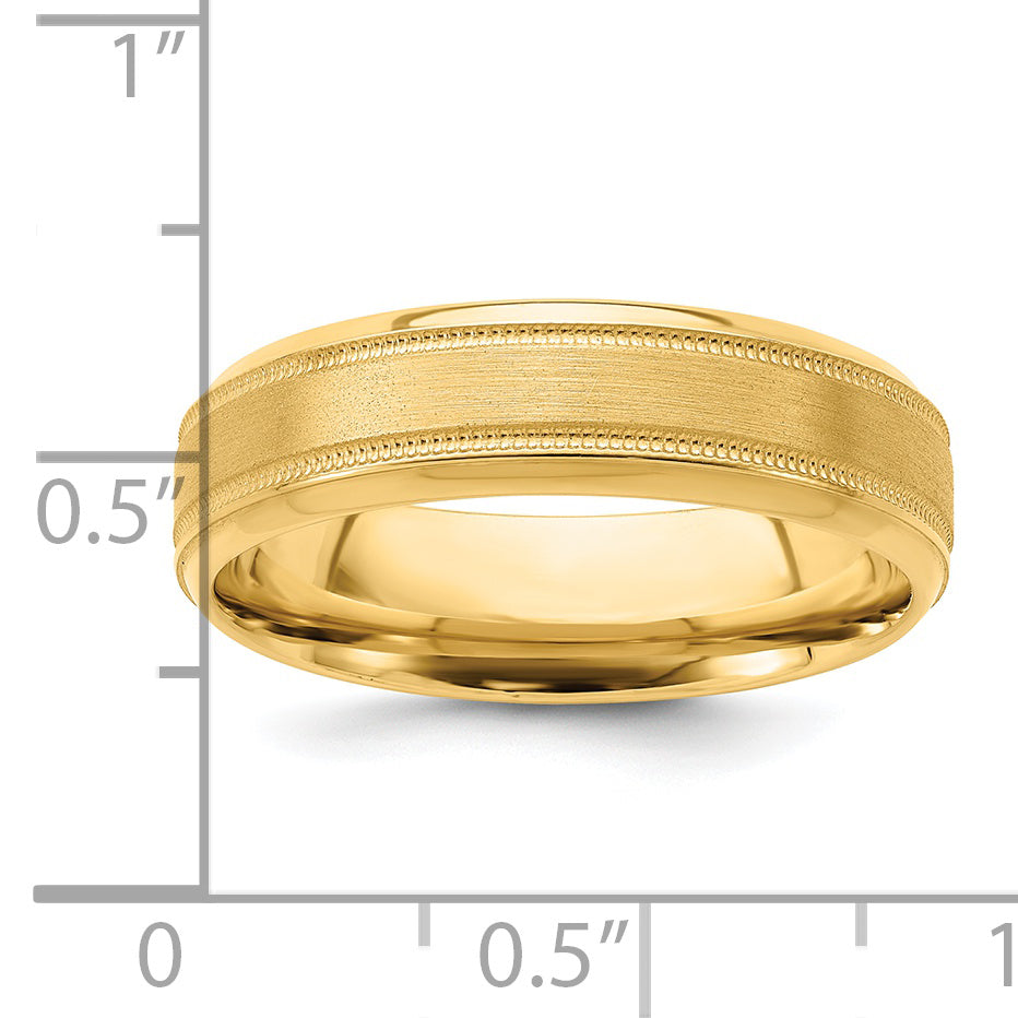 14K Yellow Gold 6mm Lightweight Comfort Fit Brushed Satin/Polished Milgrain Grooved Edge Wedding Band