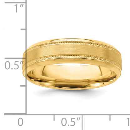 14K Yellow Gold 6mm Lightweight Comfort Fit Brushed Satin/Polished Milgrain Grooved Edge Wedding Band