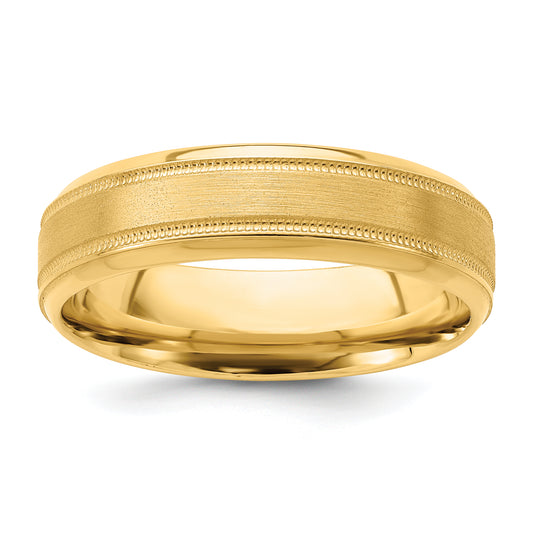 14K Yellow Gold 6mm Lightweight Comfort Fit Brushed Satin/Polished Milgrain Grooved Edge Wedding Band