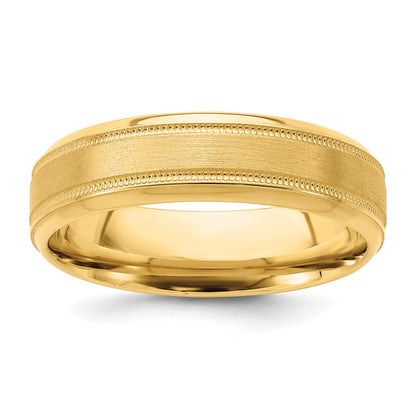 14K Yellow Gold 6mm Lightweight Comfort Fit Brushed Satin/Polished Milgrain Grooved Edge Wedding Band