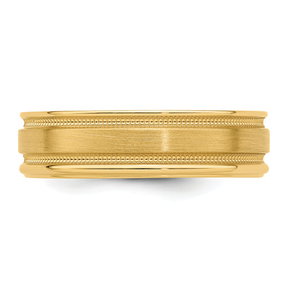 14K Yellow Gold 6mm Heavyweight Comfort Fit Brushed Satin/Polished Milgrain Grooved Edge Wedding Band