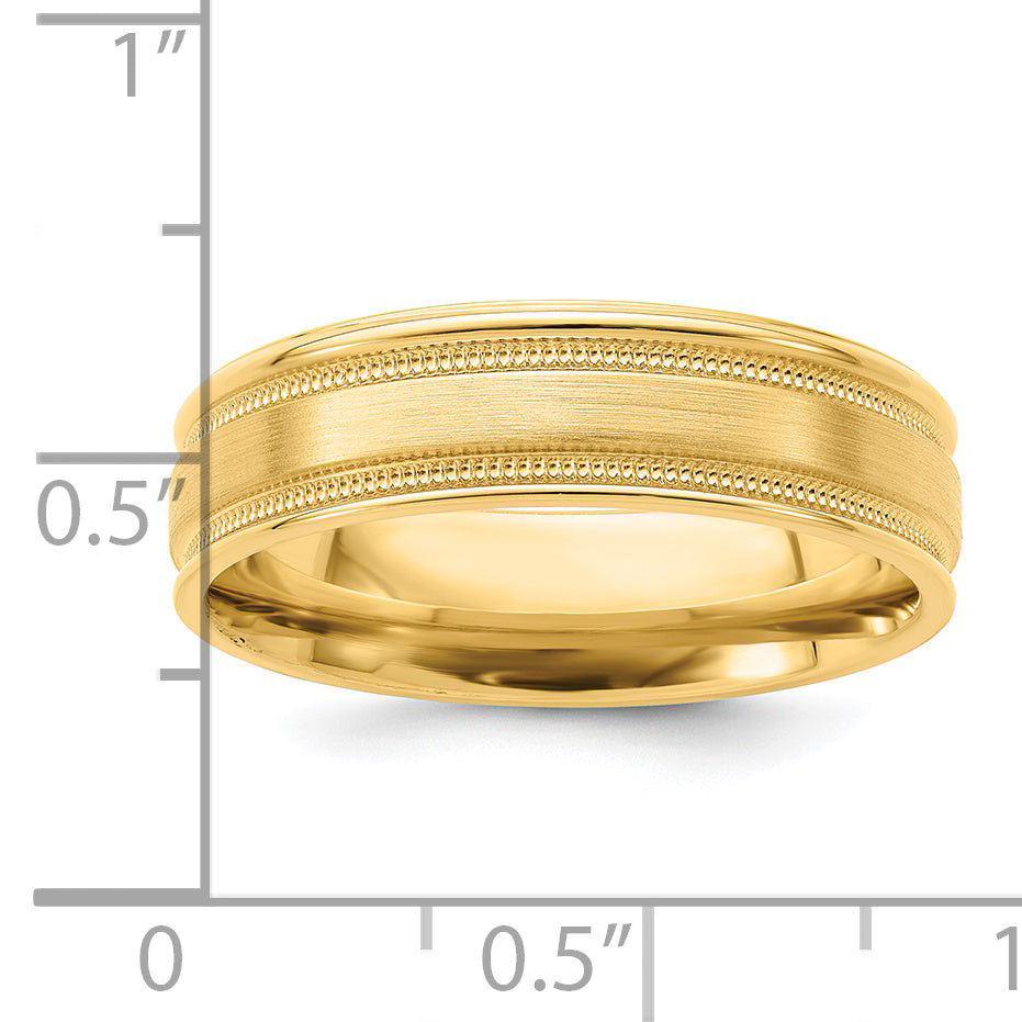 14K Yellow Gold 6mm Heavyweight Comfort Fit Brushed Satin/Polished Milgrain Grooved Edge Wedding Band