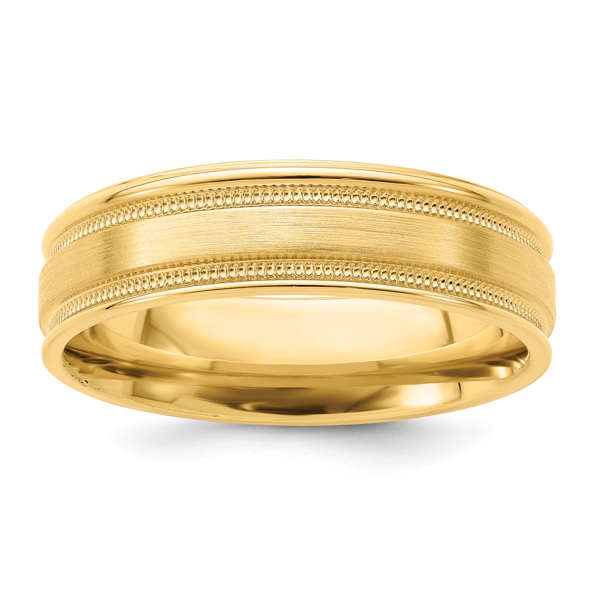14K Yellow Gold 6mm Heavyweight Comfort Fit Brushed Satin/Polished Milgrain Grooved Edge Wedding Band