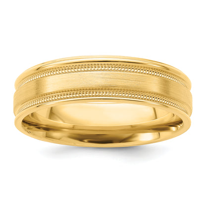 14K Yellow Gold 6mm Heavyweight Comfort Fit Brushed Satin/Polished Milgrain Grooved Edge Wedding Band