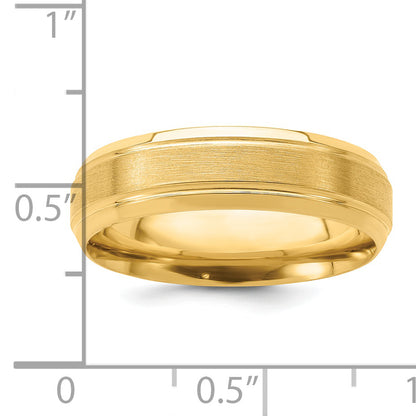 14K Yellow Gold 6mm Standard Weight Comfort Fit Brushed Satin/Polished Line Edge Wedding Band