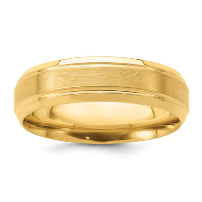 14K Yellow Gold 6mm Standard Weight Comfort Fit Brushed Satin/Polished Line Edge Wedding Band