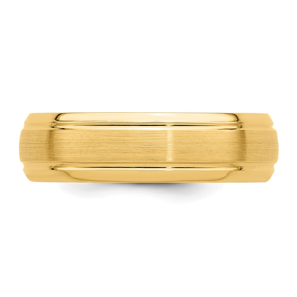 14K Yellow Gold 6mm Standard Weight Comfort Fit Brushed Satin Line Edge Wedding Band