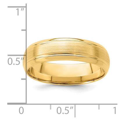 14K Yellow Gold 6mm Standard Weight Comfort Fit Brushed Satin Line Edge Wedding Band