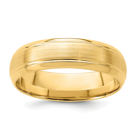 14K Yellow Gold 6mm Standard Weight Comfort Fit Brushed Satin Line Edge Wedding Band