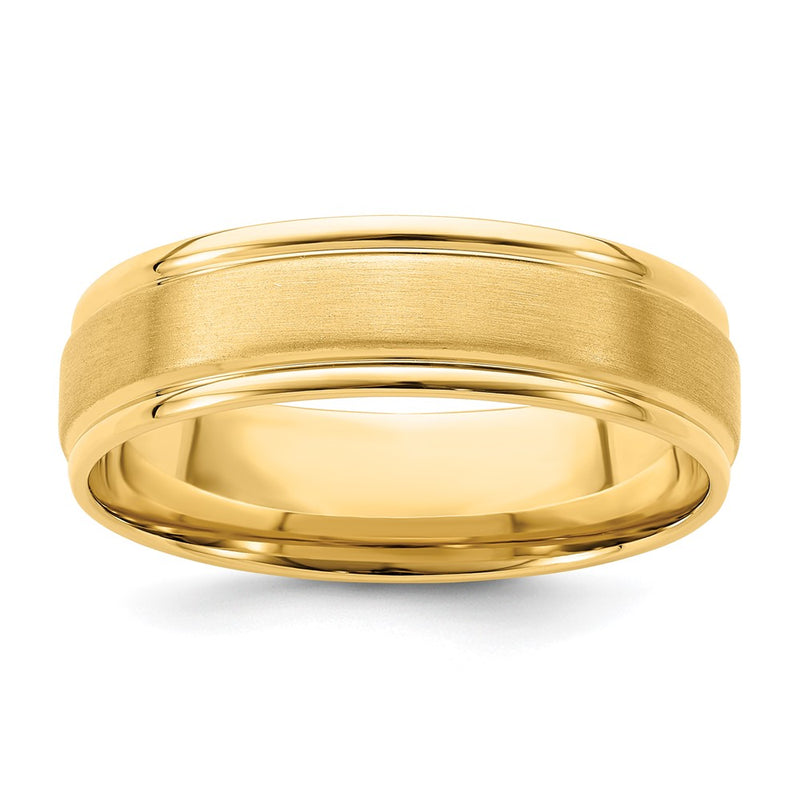 14K Yellow Gold 6mm Lightweight Comfort Fit Brushed Satin/Polished Grooved Edge Wedding Band